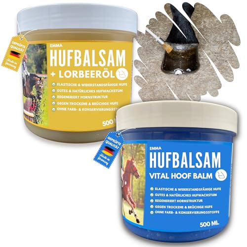 EMMA Huffett Pferde 2x500ml Hufpflege für Pferde mit Lorbeeröl + Wallnussöl I Hufbalsam I Hufcreme Starke Hufe I Huffestiger I Hufsalbe gegen rissige Hufe I Schutz trockene Hufe & Strahlfäule Pferd von EMMA