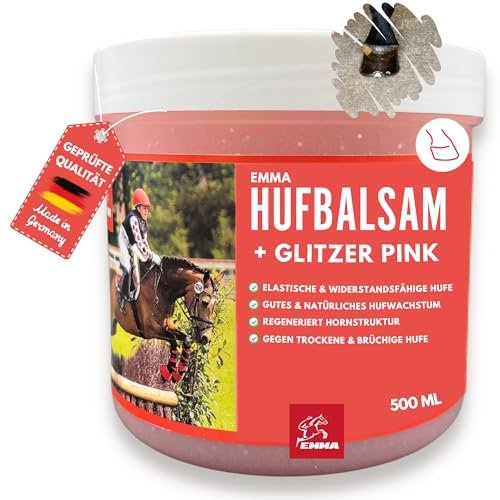 EMMA Huffett Pferde mit Glitzer 500ml Hufpflege für Pferde mit Lorbeeröl I Hufbalsam I Hufcreme Starke Hufe I Huffestiger I Hufsalbe gegen rissige Hufe I Schutz für trockene Hufe Strahlfäule Pferd von EMMA