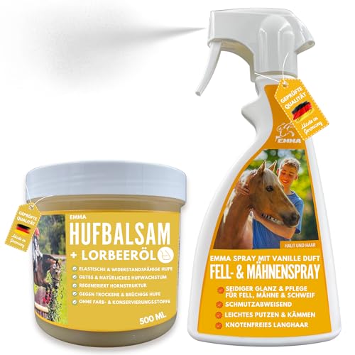 EMMA Huffett Pferde & Mähnenspray für Pferde - 2x500ml - Hufpflege & Pferdepflege Set I Pflege Hufe I Pferde Mädchen Geschenk I Schweifspray für Pferde Glanz Fell Haare Schweif I Pferde Zubehör von EMMA