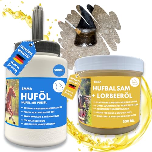 EMMA Huföl Pferd & Huffett mit Lorbeeröl Pferd - Huffett Pferde I Huföl Pferde mit Pinsel I Huföl Pferd trockene Hufe & Strahlfäule Pferd Mittel I Hufbalsam - Hufpflege für Pferde Hufwachstum 2x500ml von EMMA