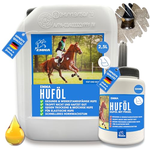 Emma Huföl Pferde Kanister 2,5L + Hoof Huföl Pferd mit Pinsel 0,5L Huffett Pferde I Hufpflege Hufe I gegen trockene Hufe & Strahlfäule Pferd I Hufsalbe I Hufbalsam mit Hufpinsel auftragen Hufwachstum von EMMA