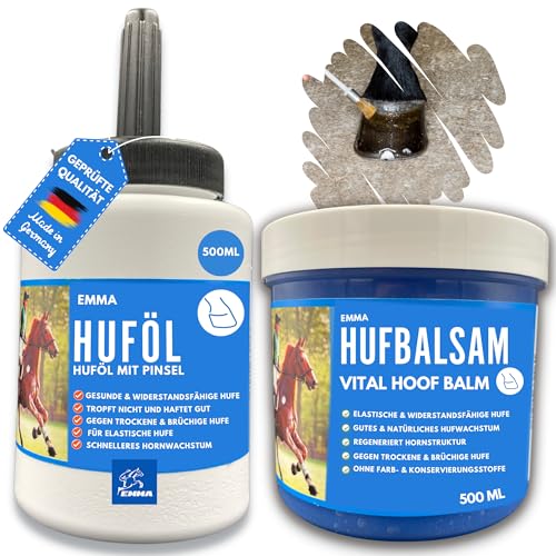 EMMA Huffett Pferde & Huföl Pferde mit Pinsel 2x500ml I Hufbalsam für Pferde gesunde Hufe I Huföl Pferd mit Pinsel auftragen gegen trockene Hufe & Strahlfäule Pferd Mittel I Huf Fett Strahlmittel von EMMA