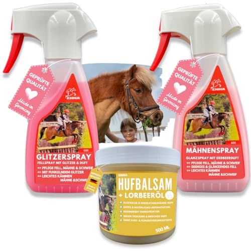 EMMA Mähnenspray für Pferde - Schweifspray für Pferde - Glanzspray Pferde & Pony - Huffett Pferde Hufgel mit Lorbeeröl - Inhalt Putzbox - Pferde Geschenke für Mädchen I Pferdepflegeset Kinder 3 TLG von EMMA