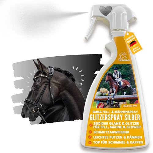 EMMA Mähnenspray für Pferde Silber 500ml - Glitzerspray Pferd I Schweif und Mähnenspray Pferd I Fellpflege Glitzer I Glanzspray I Schweifspray I Glitter Spray Fellspray I Fellspray I Pferde Zubehör von EMMA