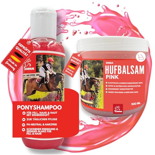 EMMA Pferdeshampoo I Pflege Set Pony I Pferde Shampoo Fell Mähne Schweif Pink & Duft I Huffett für Pferde pink I Hufbalsam für Pferde I Pferde Mädchen Geschenk I Pferdepflegeset für Kinder 2tlg von EMMA