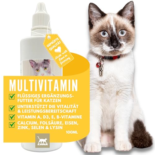 EMMA Katzen Vitamine 100ml I Multi Vitamin B komplex hochdosiert für Katzen I B Vitamine mit Vitamin A B12 D E I Folsäure Eisen Zink Selen & l Lysin Katze I Immunsystem stärken & Vitamine für Katzen von EMMA