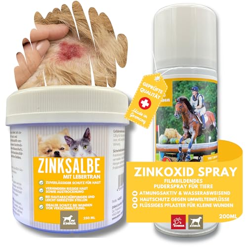 Lebertran Zinksalbe Pferd + Zinkspray Hund Kuh I Erste Hilfe Set für Tiere I Wundspray Salbe Wundschutz Haustier I Zinkoxid Spray + Zinksalbe Wundsalbe I Sprühpflaster + Zink Creme 250ml 200ml von EMMA