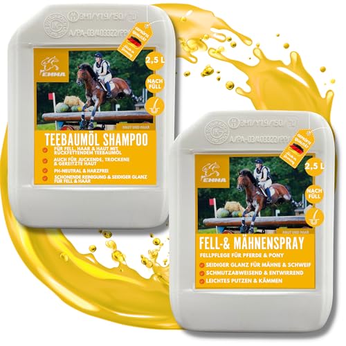 Mähnenspray Pferd & Pferde Teebaumöl Shampoo Pferdepflege-Set 2x2,5l I Pferdeshampoo I Schweifspray für Pferde Mädchen Geschenk I Hundeshampoo gegen Geruch für irritierte Haut I Fellpflege Hund Pferd von EMMA