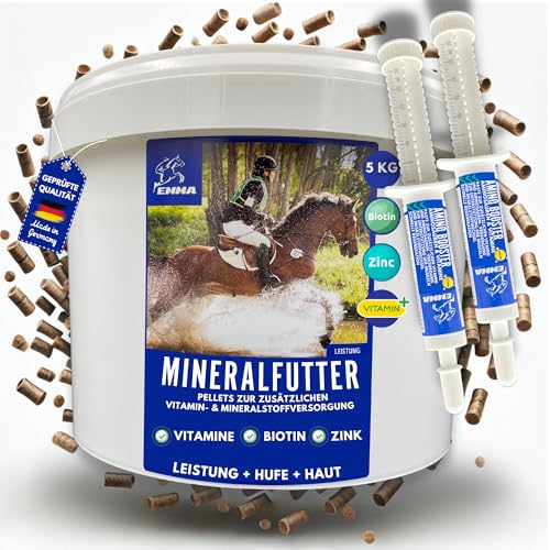 EMMA Mineralfutter Pferd Amino Paste I Biotin Pferd Zink Pferd I Selen Pferd Vitamin D A C K B12 Mineralien Pferd I Mineralfutter Pferde Huf I Mineralstoffe komplex Biotin Zink hochdosiert 5Kg 2x30ml von EMMA