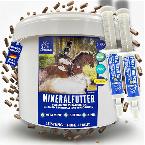 Mineralfutter Pferd + Vitamin b Pferd • Biotin Pferd Zink Selen Bierhefe Pferd • Pferdefutter mit Mangan Magnesium Pferd + Vitaminpaste Vitamin b komplex Fellwechsel Huf Haut Haar 5Kg 2x30ml von EMMA