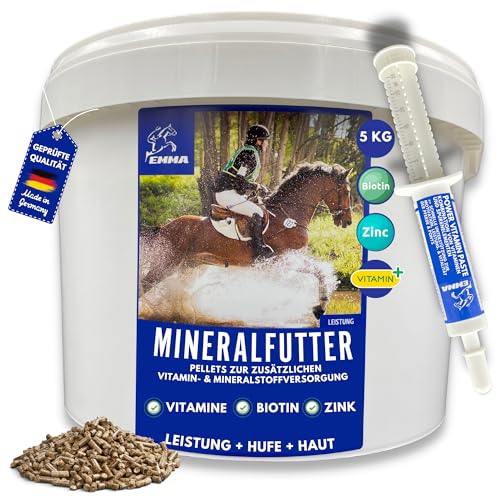 Mineralfutter Pferd + Vitamin b Pferd • Biotin Pferd Zink Selen Bierhefe Pferd • Pferdefutter mit Mangan Magnesium Pferd + Vitaminpaste Vitamin b komplex Fellwechsel Huf Haut Haar 5Kg 30ml von EMMA