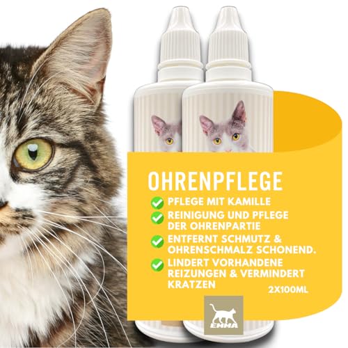 Ohrenreiniger Katze • Ohren Reinigung Tropfen • Ohrentropfen für Katzen gegen Juckreiz • milde Ohrpflege mit Kamille • Ohrreiniger Ohrenentzündung Mittel gegen Schmutz Ohrenschmalz Entferner 2x100ml von EMMA