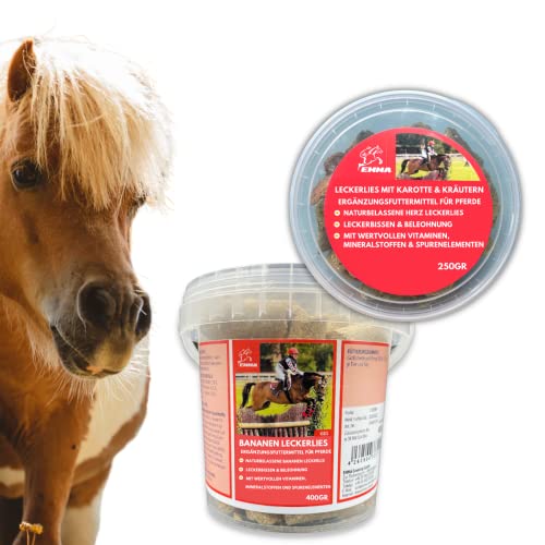 Pferdeleckerlis 3 Sorten I Banane Kräuter Karotte - naturbelassene Pferde Leckerli + Vitamine, Mineralstoffen und Spurenelementen I Zusatz Pferdefutter I Leckerli Mix Pferd Pony Belohnung 250g 400g von EMMA