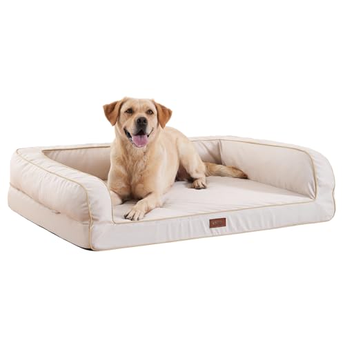 EMME Hundebett Kleine Hunde, 68 x 50 x 17 cm, Orthopädisches Hundebett Wasserdicht, Deluxe Hundesofa Mit Eierschaum Matratze und abnehmbarem, Waschbarem Bezug Hundekorb Alle Jahreszeiten, Beige von EMME