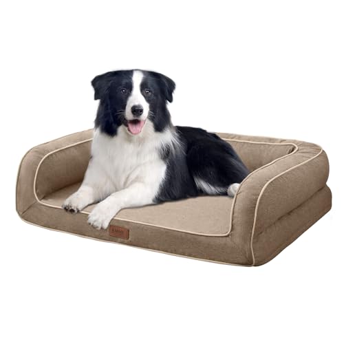 EMME Hundebett Kleine Hunde, 68 x 50 x 17 cm, Orthopädisches Hundebett Wasserdicht, Deluxe Hundesofa Mit Eierschaum Matratze und abnehmbarem, Waschbarem Bezug Hundekorb Alle Jahreszeiten, Leinen Braun von EMME