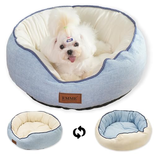 EMME Hundebett Kleine Hunde, Beidseitig begehbares Hundebettsofa, wasserdichte Katzenbetten, Rundes Mittelgroßes Hunde-Katzen-Bett in Allen Jahreszeiten, 50 x 50 x 15 cm, Blau von EMME