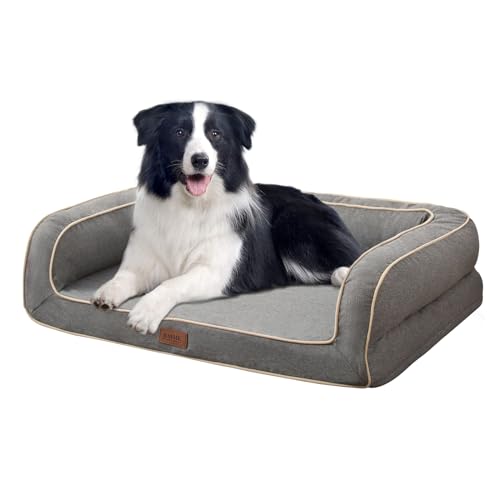 EMME Hundebett Mittelgroße Hunde, 91.5X71X23cm, Orthopädisches Hundebett, Memory Foam Hundesofa Wasserdicht Hundekissen, Hundekorb für Große Hunde, Hundebett Abwaschbar Mit Rand, Linien Grau von EMME