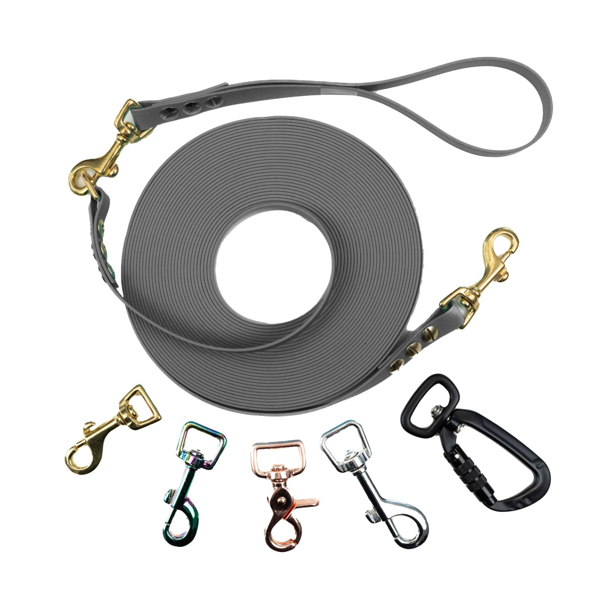 Schleppleine Superflex Grau - Hunde bis 15kg 10m-Bolzenkarabiner Rose-abnehmbare Handschlaufe Schleppleine Superflex Grau - Hunde bis 15kg 10m-Bolzenkarabiner Rose-abnehmbare Handschlaufe von EMMY&PEPE
