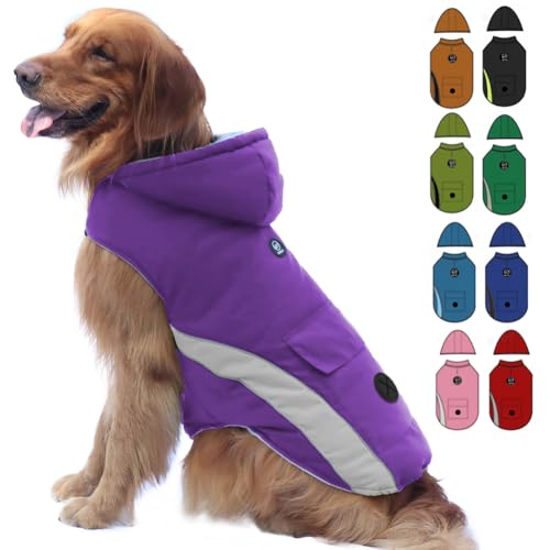 EMUST Dog Cold Weather Coat, Waterproof Dog Jackets for Large Dogs with Reflective Strip, Cozy Large Dog Coats for Winter, Thick Windproof Dog Winter Clothes for Puppy, L/Purple von EMUST