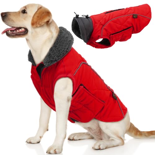 EMUST Dog Winter Coats, Windproof Dog Jackets for Cold Weather with Lofty Collar, Reflective Puppy Clothes for Small Dog Clothes for Dogs, Red, S von EMUST