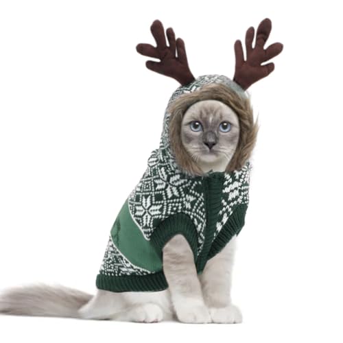 EMUST Hunde-Weihnachtspullover für kleine Hunde, Katzen-Weihnachtspullover mit Kapuzenloch, Rentier-Schneeflocken-Pullover für Hunde und Katzen (XS, Grün) von EMUST