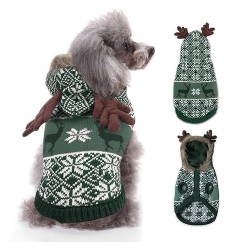 EMUST Hundepullover für kleine Hunde, Weihnachten, Warmer Weihnachtskatzenpullover mit Kapuze, Schneeflocke Rentier Dog Sweater mit Leinenloch (S, Grün) von EMUST