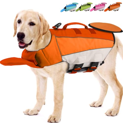 EMUST Hundeschwimmweste mit Schwimmweste vorne, hohe Sichtbarkeit, Ripstop-Hundeschwimmweste mit verbessertem Auftrieb für kleine, mittelgroße und große Hunde, Orange, L von EMUST