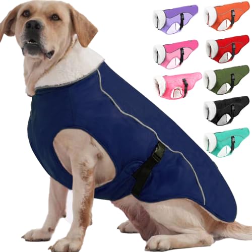 EMUST Kälteschutzmantel für Hunde, mit Fleecefutter, für kleine/mittlere Größen, wasserabweisende, warme Hunde-Winterjacke für große Hunde, Blau, XL von EMUST