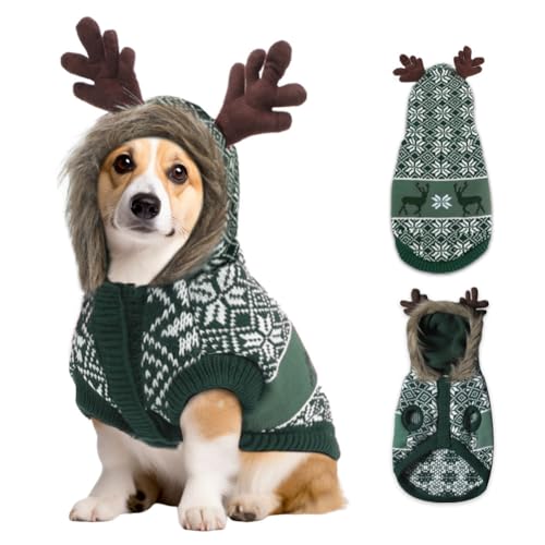 EMUST Weihnachtlicher Hundepullover, gestrickt, große Größe für Hunde mit Loch für die Leine, Haustierpullover für Weihnachten und Urlaub, Rentierkostüm für Hunde (XXL, Grün) von EMUST