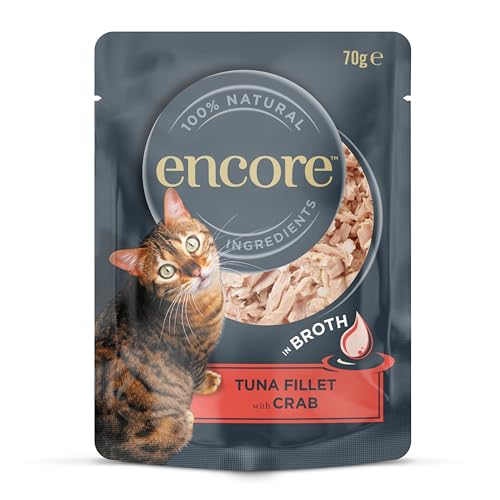 Encore 100% natürliches Premium Nassfutter für Katzen mit saftigem Thunfisch und Pazifikkrabben in Brühe - Packung mit 16 x 70g Beuteln von ENCORE