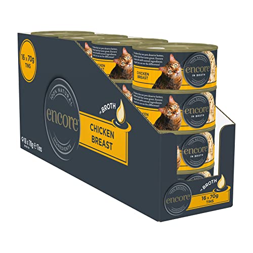 Encore 100% natürliches Premium-Hühnchenbrust mit Käse Nassfutter für erwachsene Katzen in Brühe - Packung mit 16 x 70g Dosen von ENCORE