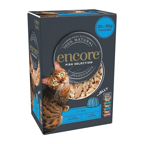 Encore natürliches Premium Nassfutter für Katzen, Fisch Auswahl Multipack in Gelee für erwachsene Katzen - Packung mit 20 x 50g Beuteln von ENCORE