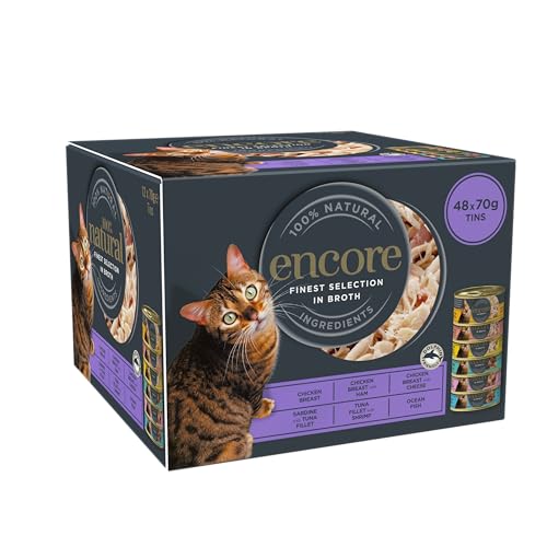 Encore 100% natürliches Premium Nassfutter für Katzen, Feinste Auswahl von Hühnchen & Fisch in Brühe für erwachsene Katzen - Packung mit 48 x 70g Dosen von ENCORE