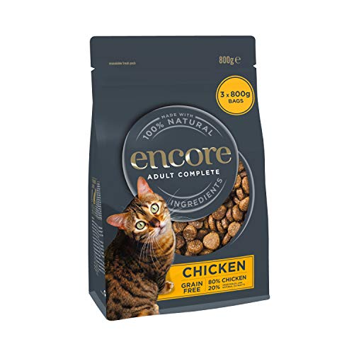 Encore komplettes natürliches getreidefreies Hühnchengeschmack Trockenfutter für erwachsene Katzen - Packung mit 1 x 800g Beuteln von ENCORE