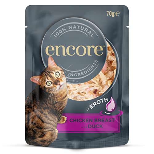 Encore 100% natürliches Premium Nassfutter für Katzen, Hühnchenbrust mit Ente in Brühe für erwachsene Katzen - Packung mit 16 x 70g Beuteln von ENCORE