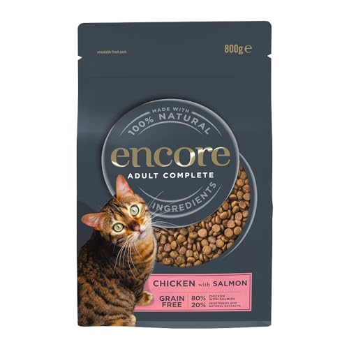 Encore komplettes natürliches getreidefreies Hühnchen mit Lachsgeschmack Trockenfutter für erwachsene Katzen - Packung mit 3 x 800g Beuteln von ENCORE