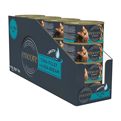 Encore 100% natürliches Premium Nassfutter für Katzen, Thunfischfilet mit Meerbrasse in Brühe für erwachsene Katzen - Packung mit 16 x 70g Dosen von ENCORE