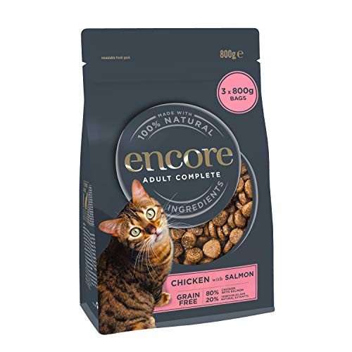 Encore Trockenfutter für ausgewachsene Katzen, Hühnchen und Lachs, 800 g Beutel (3 Stück) von ENCORE