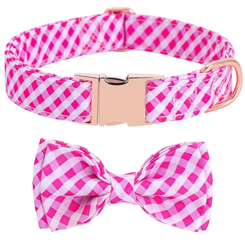 Hundehalsband mit Schleife, rosa kariert, mit abnehmbarer Schleife und Metallschnalle, verstellbares Halsband, Geschenke für kleine, mittelgroße und große und junge Hunde von ENDYOE