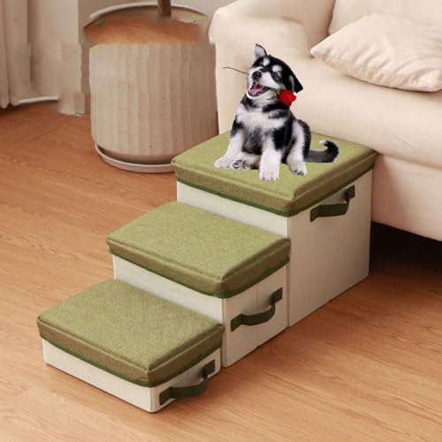 ENEN Faltbare Hundetreppe für Kleine Hunde, Haustiertreppe für Kleine Hunde & Katzen mit Stauraum Katzentreppe 3 Stufen für Bett und Sofa Couch, Auto (70 * 30 * 30CM,Grün) von ENEN