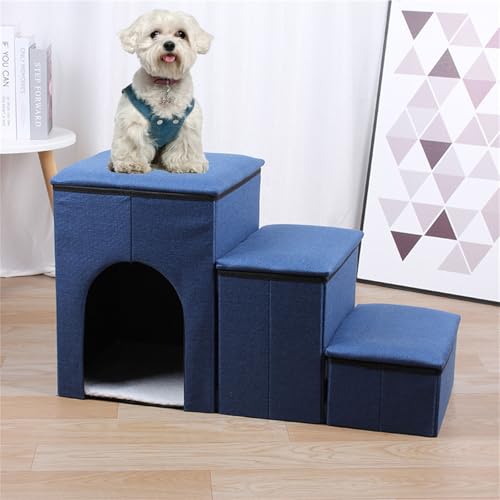 ENEN Faltbare Hundetreppe für Kleine Hunde, Haustiertreppe für Kleine Hunde & Katzen mit Stauraum Katzentreppe 3 Stufen für Bett und Sofa Couch, Auto (72 * 33 * 41cm,Blau) von ENEN