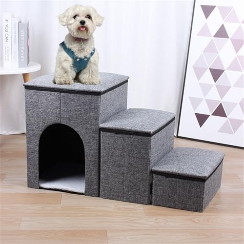 ENEN Faltbare Hundetreppe für Kleine Hunde, Haustiertreppe für Kleine Hunde & Katzen mit Stauraum Katzentreppe 3 Stufen für Bett und Sofa Couch, Auto (72 * 33 * 41cm,Grau) von ENEN