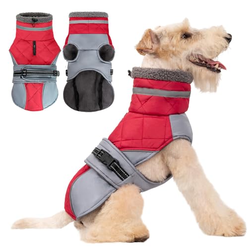 Hundeweste,Hundemantel Wasserdicht,Warme Weste mit Hundegeschirr Winter Plus hoher Kragen Samt warm und weich Rot XL von ENGEL WEMANG