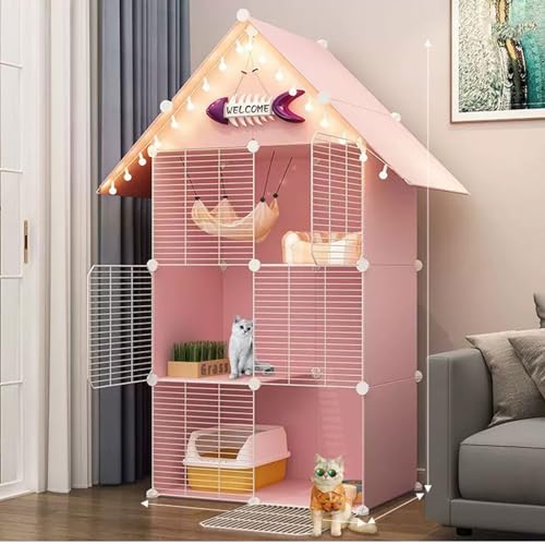 Katzenmöbel, Katzenschlafsessel, Großer Katzenkäfig, Katzengehege mit DREI Türen for den Innenbereich, Zusammengebaute Katzengehege, Großer Auslauf, Katzenwohnung(Pink) von ENSDIEPLS