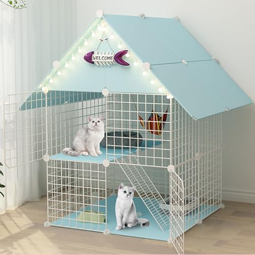 Katzenmöbel, Katzenschlafsessel, Großer Katzenkäfig mit 2 Ebenen, Katzenzwinger for den Innenbereich, Katzenvilla, abnehmbares Katzenhaus groß for 1–2 Katzen(Blue) von ENSDIEPLS