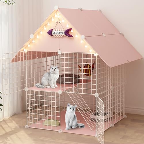 Katzenmöbel, Katzenschlafsessel, Großer Katzenkäfig mit 2 Ebenen, Katzenzwinger for den Innenbereich, Katzenvilla, abnehmbares Katzenhaus groß for 1–2 Katzen(Pink) von ENSDIEPLS