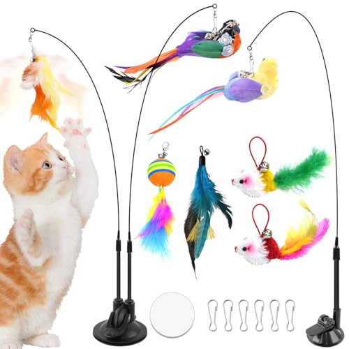 ENUTROF Interaktives Katzenspielzeug Selbstbeschäftigung Feder 12STK Katzen Spielzeug katzenangel Katzen Federspielzeug Cat Toys mit Saugnapf Vogel Katzenstab für Kleine Große Katzen von ENUTROF