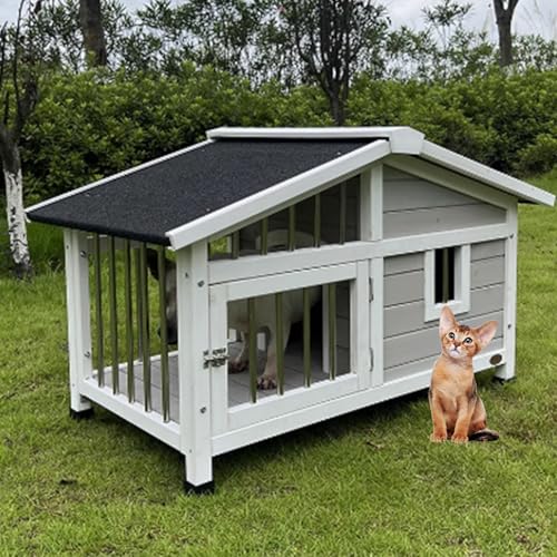 ENWYTE Katzenhaus Aus Holz Im Hüttenstil Für Große Katzenställe Im Außenbereich Mit Zu Öffnendem Dach Und Riesigem Fenster Große Hundehütte Für Draußen Und Drinnen Asphaltdach(Gray small) von ENWYTE