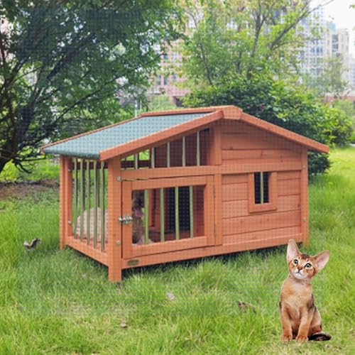 ENWYTE Katzenhaus Aus Holz Im Hüttenstil Für Große Katzenställe Im Außenbereich Mit Zu Öffnendem Dach Und Riesigem Fenster Große Hundehütte Für Draußen Und Drinnen Asphaltdach(Orange) von ENWYTE