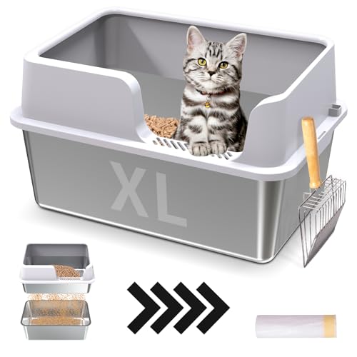 EODO Katzentoilette aus Edelstahl, Sieben Katzentoilette für Kiefernpellet, XL Katzentoilette mit hoher Seite & Metallschaufel & Liner, Metall Katzentoilette Deodorierung, Anti-Urinleckage, leicht zu von EODO